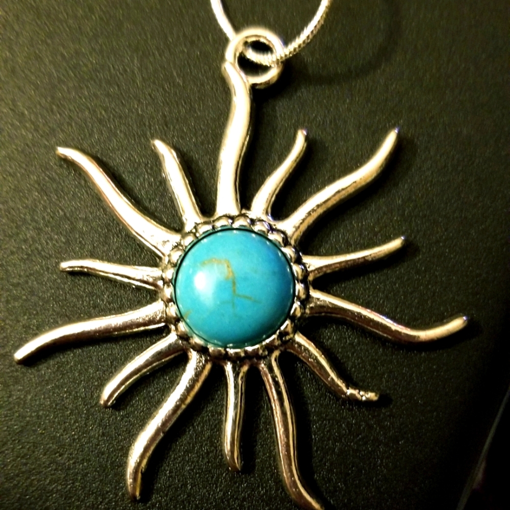 Beautiful classy 2" inch silver plated turquoise sun  24" 925 silver necklace